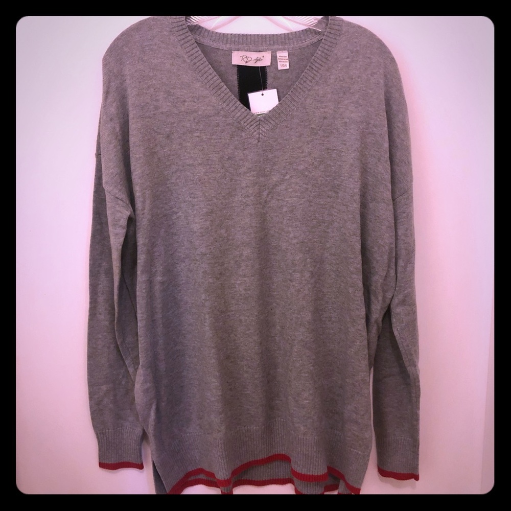 RD Style Gray V Neck Sweater w/ Stripe NWT